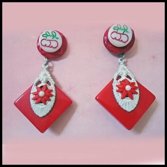 Dangle Earrings Red White Earring Set One of a Kind Recycled Vintage - Picture 5 of 6
